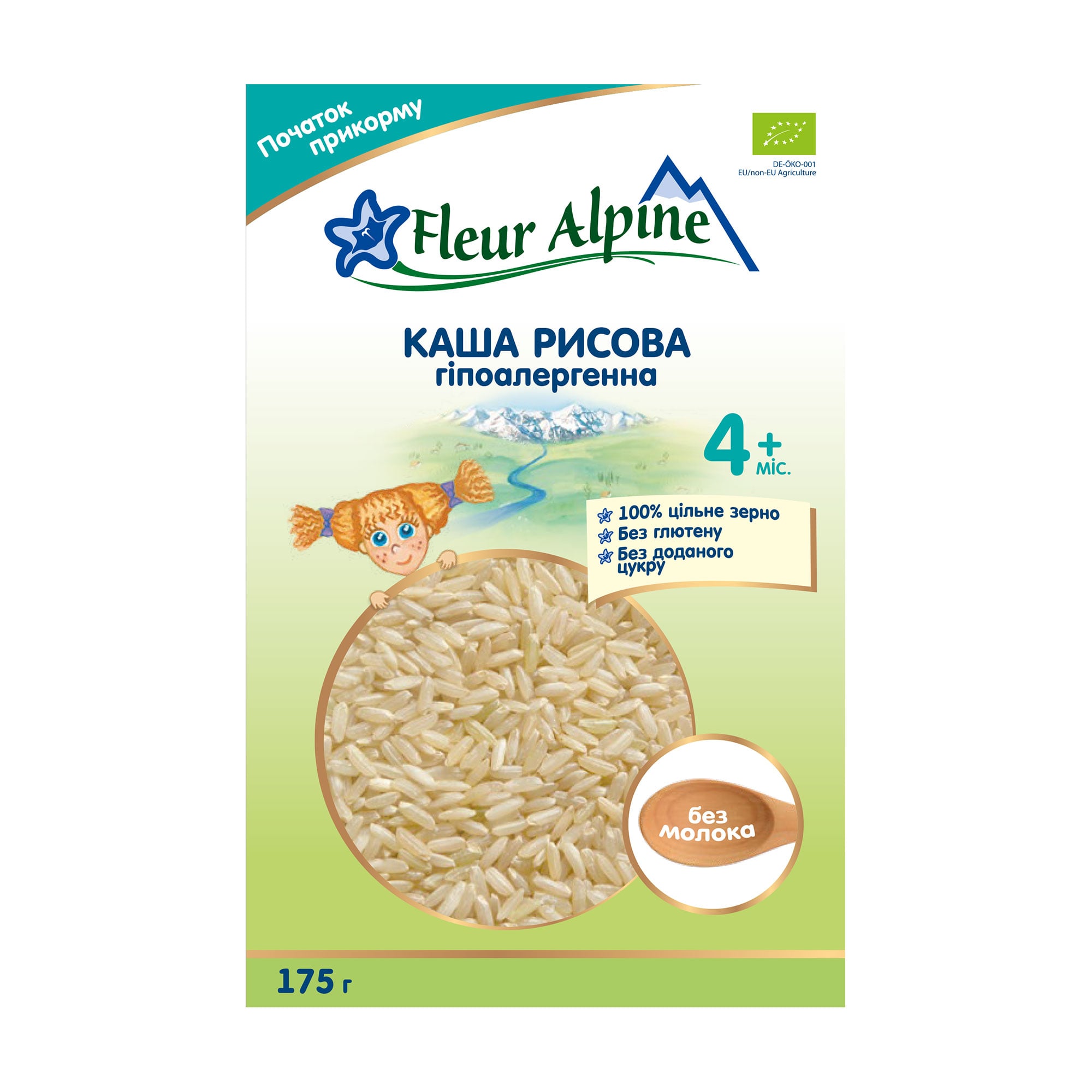 Дитяча безмолочна каша Fleur Alpine Рисова, гіпоалергенна, від 4 місяців, 175 г